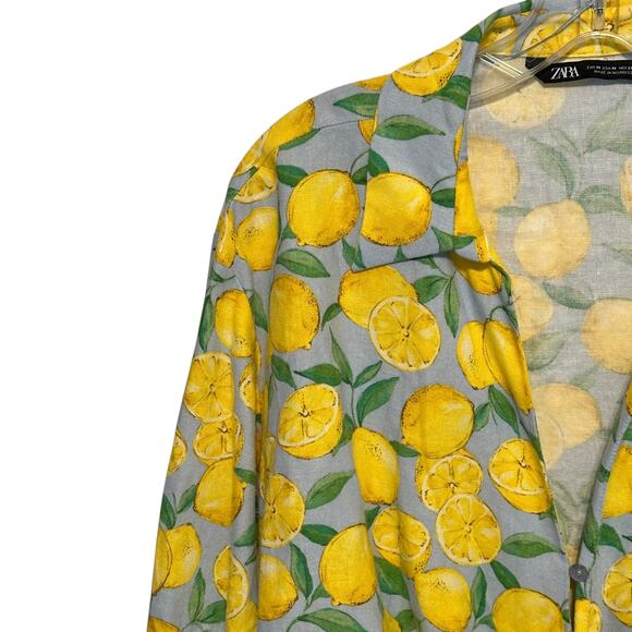 Zara Lemon Print Tie-Waist Top Womens Medium Linen Blend Beachy Novelty Fruit - Picture 3 of 11
